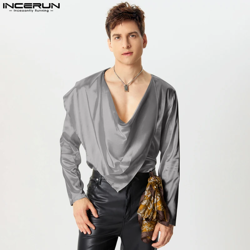 2024 INCERUN American Fashion Long Sleeve T-shirts Men Kink Design Solid Color T-shirts Heaps Collar Elegant Vintage Style Tees image 3
