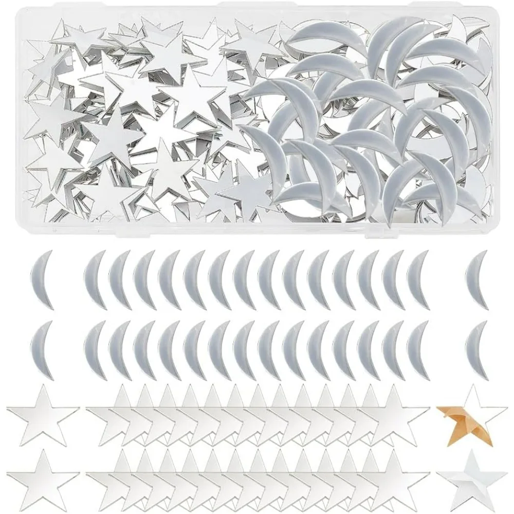 200 Stück Mosaikfliesen, 25 mm/1 Zoll, Acryl-Spiegelfliesen in Sternform, Halbmond, selbstklebende dekorative Fliesen für die Wandrückwand