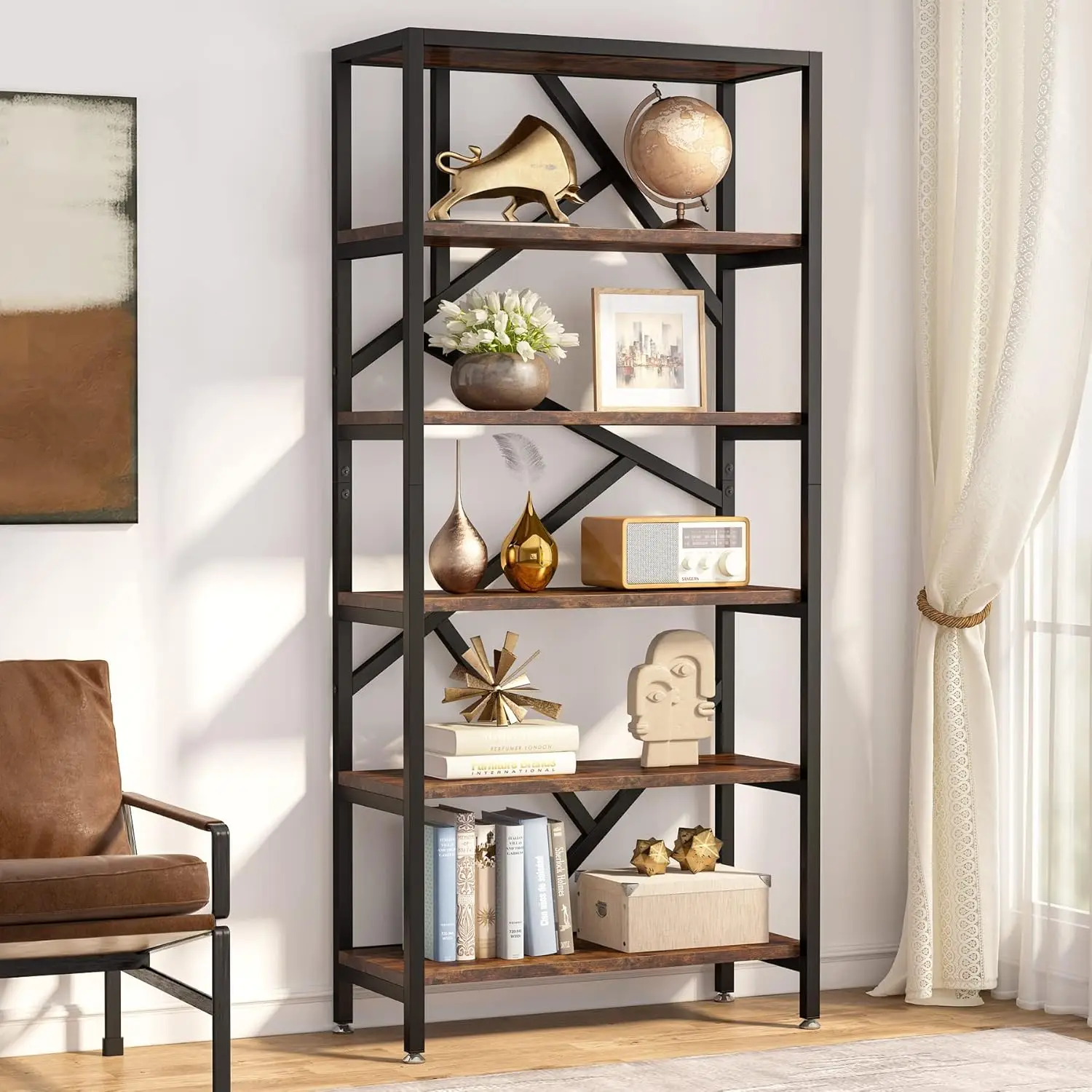 

71 Inch Industrial Bookshelf, 6-Shelf Open Storage Rack for Bedroom, Office, Living Room