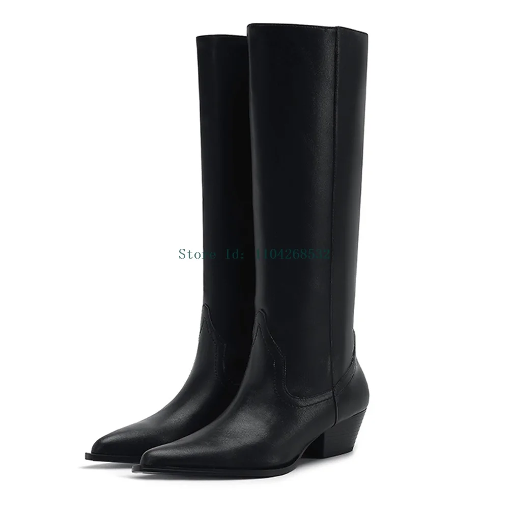 Botas hasta la rodilla de cuero genuino negro, botas sexis con punta cuadrada y sólido sin cordones, nuevas botas modernas de moda para mujer