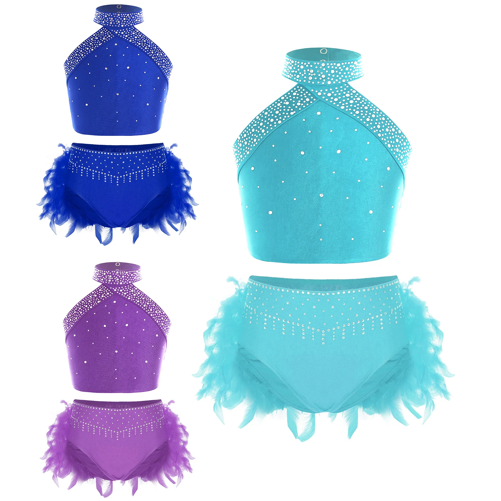 

Girls Shiny Rhinestones Vest with Feather Briefs Ballet Outfit Jazz Dance Clothes Set Lyrical Contemporary Performance Dancewear