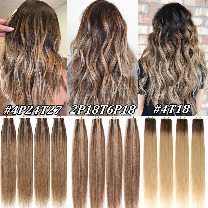 

20pcs Seamless Invisible Tape In Extensions Human Hair Remy 12-26 inch Ultra Thin Adhesive Weft Set