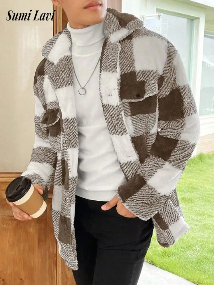 Daily Casual Men's Outerwear Autumn Winter Warm Furry Cozy Fleece Coats For Men Vintage Plaid Button-up Laple Fleece Cardigan