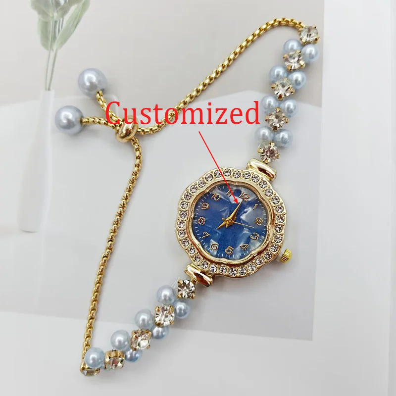 ใหม่โรแมนติกไข่มุกเล็กๆประดับเพชรสร้อยข้อมือนาฬิกาผู้หญิงนาฬิกาหน้าปัดดิจิตอลนาฬิกาควอทซ์สามารถปรับแต่งได้