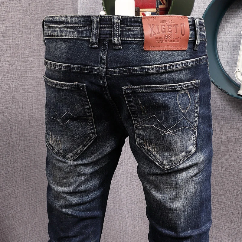 Italian Style Fashion Men Jeans Retro Black Blue Slim Ripped Jeans Men Hole Trousers Vintage Designer Casual Denim Pants Hombre