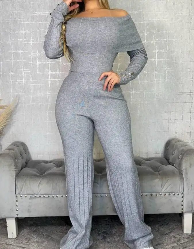 

2025 Elegant 2 Pieces Outfit Button Decor Foldover Off Shoulder Slim Fit Top Elastic Waist Wide Leg Pants Set Casual Ribbed Set