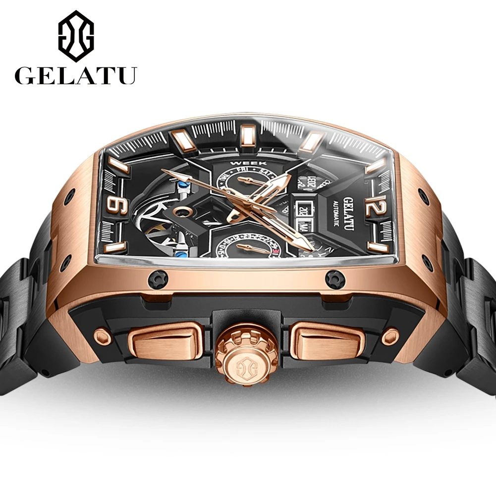 Reloj Hombre Watches Mens GELATU Top Brand Luxury Rose Black Skeleton Tourbillon Automatic Mechanical Watch for Men Waterproof