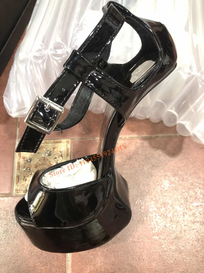 Zapatos de tacón de caballo extraño con cuña anormal de 22Cm, zapatos novedosos para mujer, sandalias de tacón alto de verano con envoltura en el tobillo de cuero metálico de talla grande 46