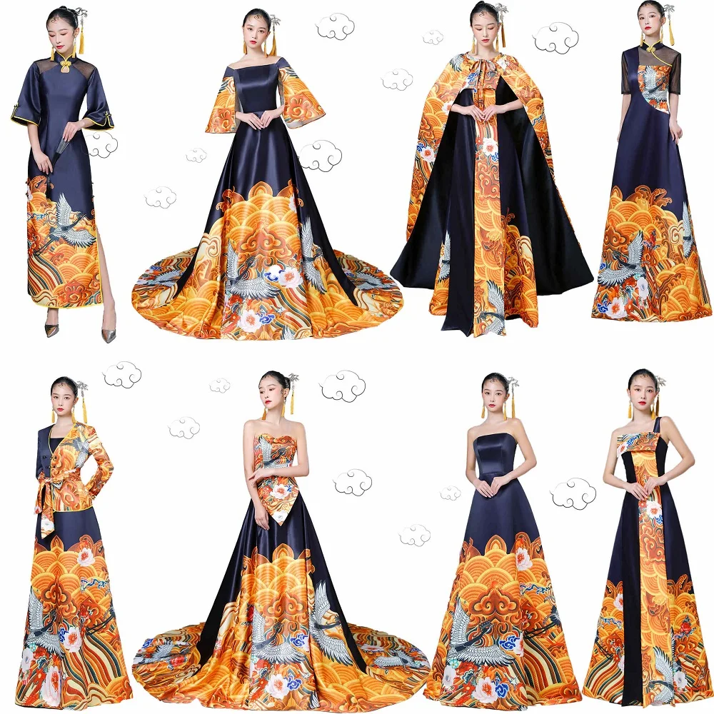 

Black Yellow Chinese Costume Traditional Music Commercial Performance Dress Runway Show Cheongsam Annual Meeting Attire TP053
