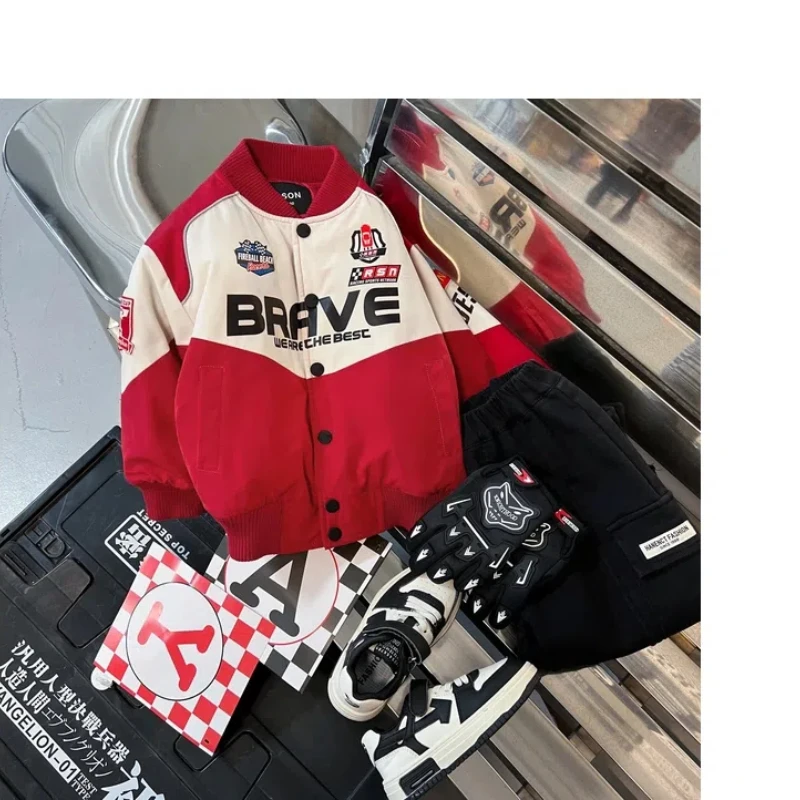 Spring Autumn Boys 2024 New Spliced O-Neck Button Pocket Printed Letter Fashion Loose and Versatile Casual Long Sleeve Jackets