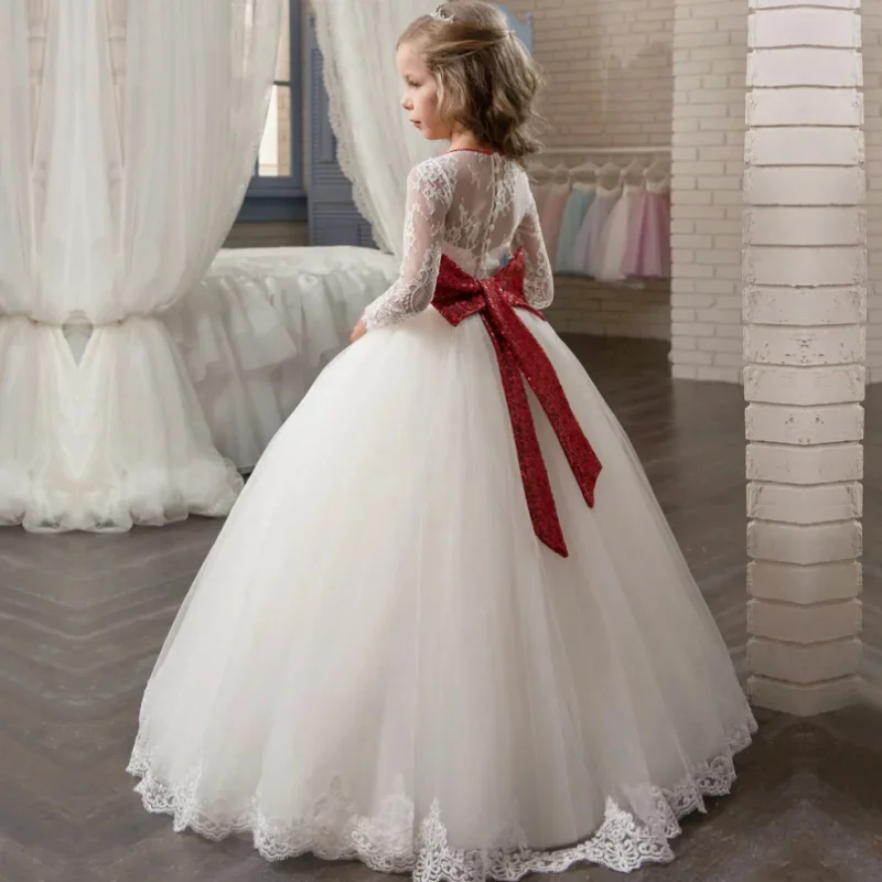 

White Flower Girl Dress Lace Sequins Applique Tulle Puffy With Red Bow For Wedding Princess Ball Gown Kids Birthday Party Dress