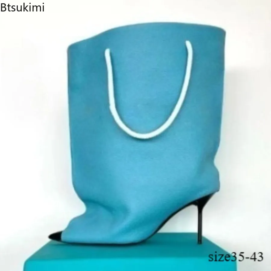 New Autumn Winter Women's Pointed Toe Mid Calf Bag Booties Super Big Top Half Wide Fit High Slim Heels Loose Fashion Short Boots