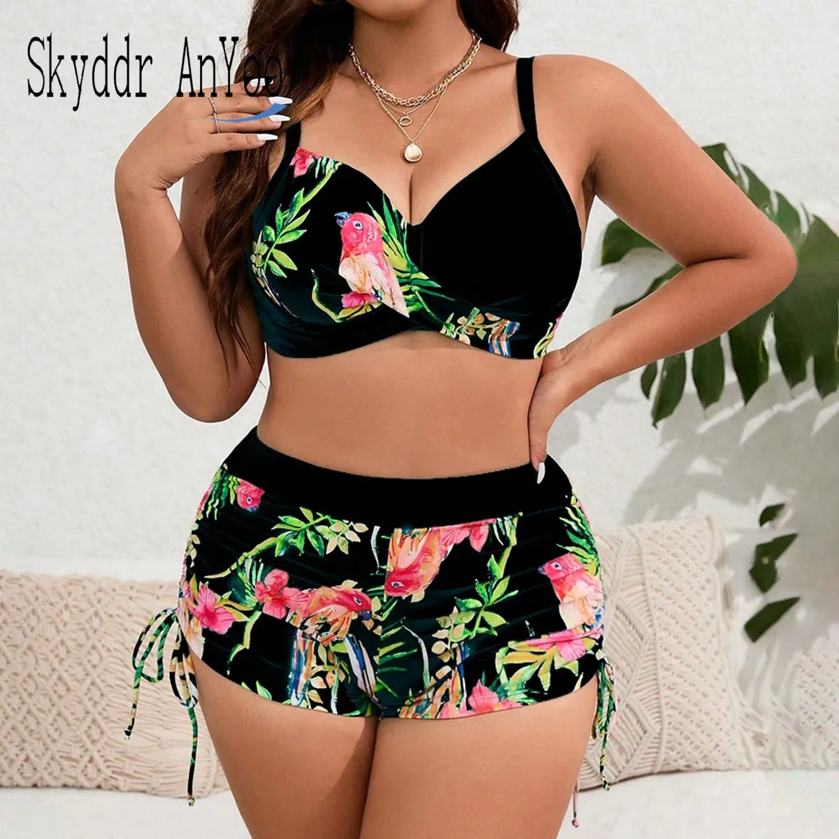 

Plus Size Two Piece Women's Swimsuit 2025 Printed High Waisted Sexy Bikini Sets Tummy Control Bathing Swimwear Drawstring Shorts