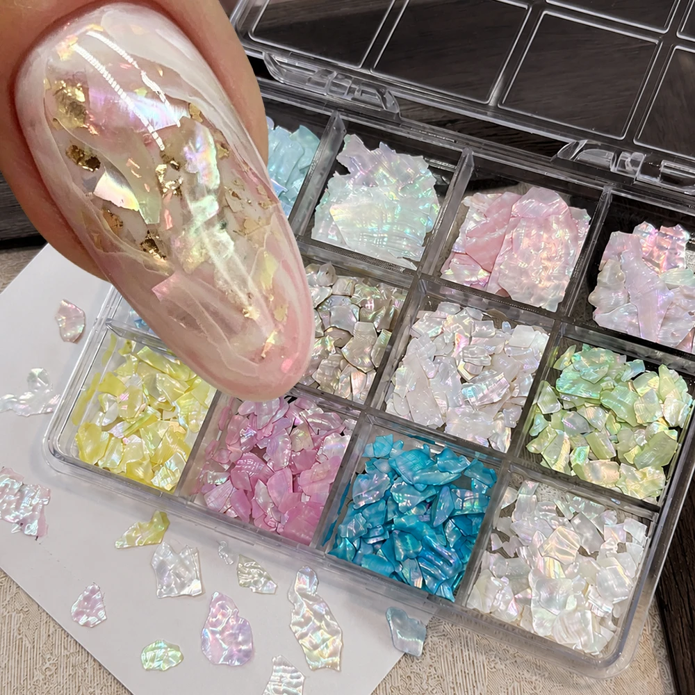 12Grids Ultra Thin Aurora Abalone Slices Nail Charms 3D Macaron Irregular Seashell Fragment Flakes Nail Decorations Nail Supplie