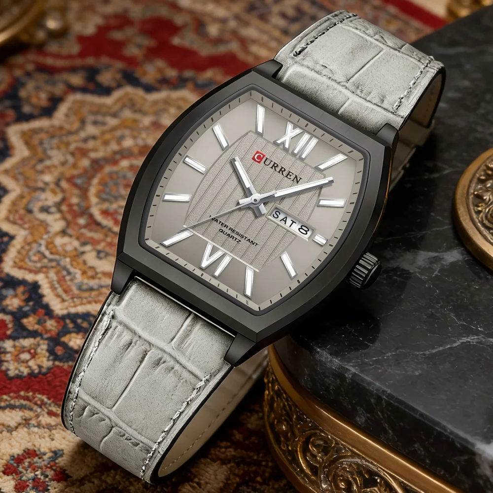 CURREN Top Luxury Square Man Watch Date Waterproof Luminous Men Wristwatch High Quality Leather Men's Quartz Watches+Box Reloj