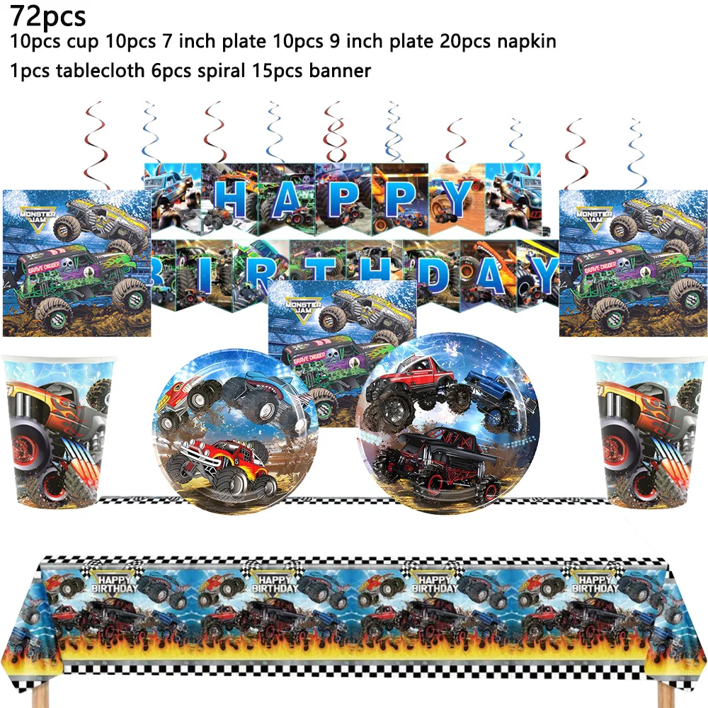 72pcs Wheel Car Party Set Anime Truck Theme Disposable Tableware Set Tablecloth Plate Cup Napkin Balloon Boy Birthday Decoration