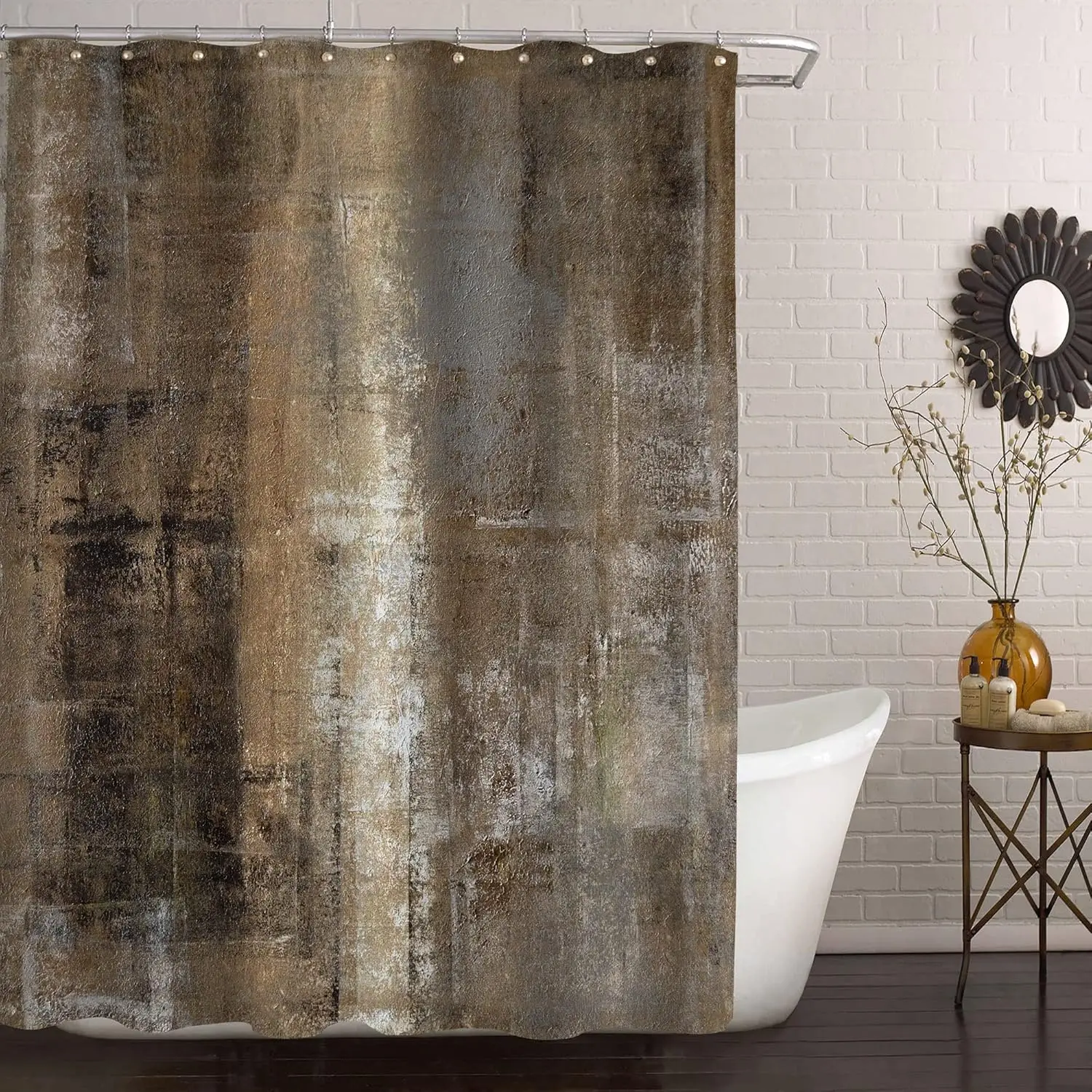 Tan Brown Rustic Shower Curtain, Abstract Wood Fabric Curtain for Fall Bathroom Decor, Vintage Copper Cloth Art Style
