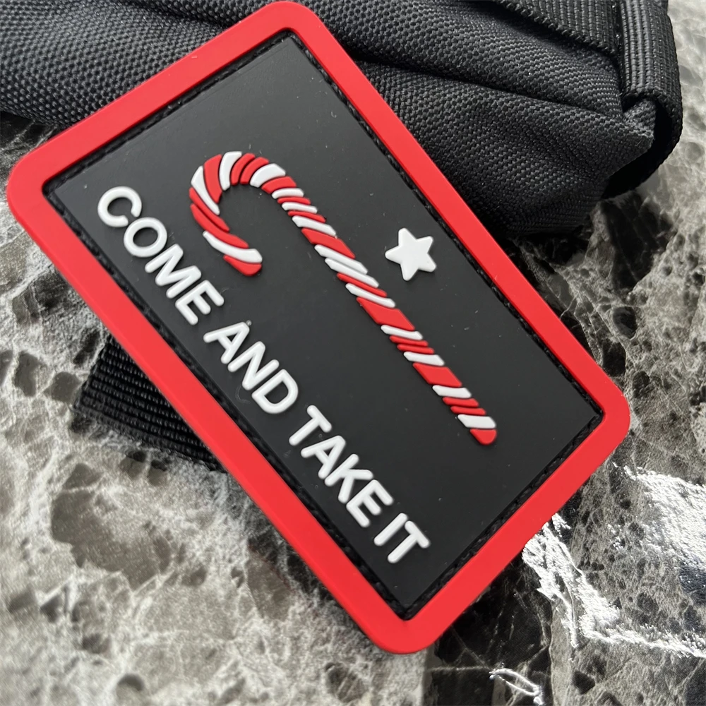 Come and Take It Candy Cane PVC Rubber Tactical Patches Christmas Morale Badge Backpack Hook and Loop Sticker