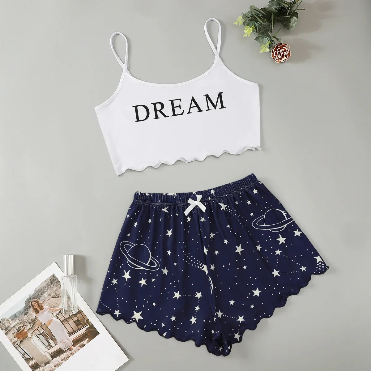 Summer Sexy Lingerie Women Pajama Set Sleepwear Moon Stars Letter Printed Sleeveless Crop Tops with Shorts Pyjamas Sets Suit