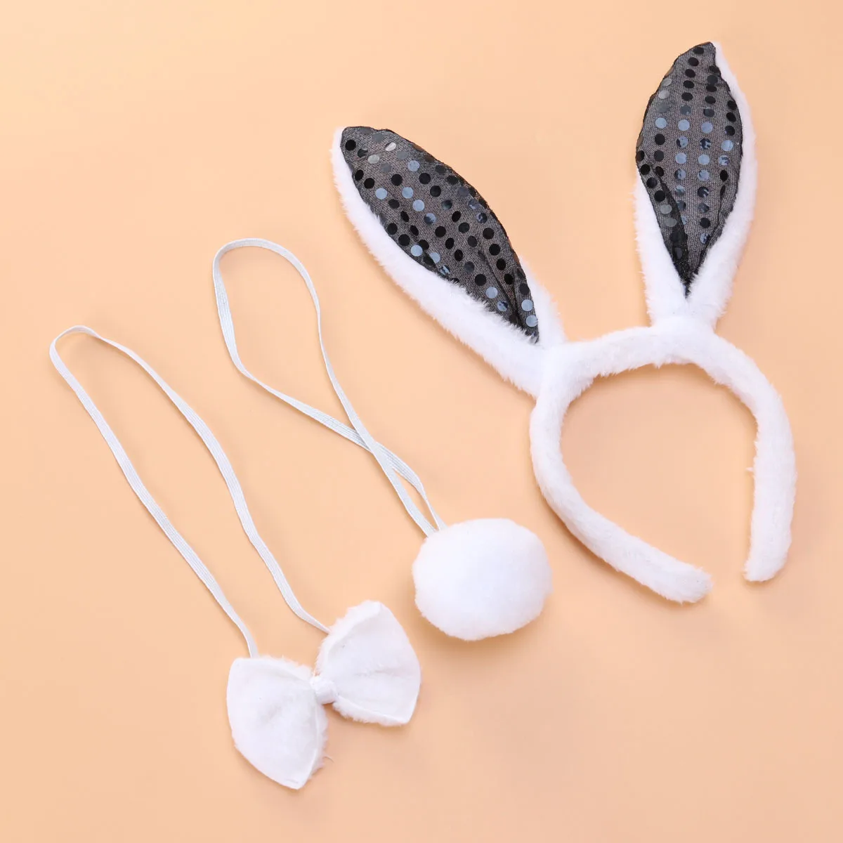 3개 세트 토끼 귀 머리띠 꼬리 나비넥타이 세트 어린이 생일 파티 의상 액세서리 검정 토끼 귀 머리띠 나비넥타이