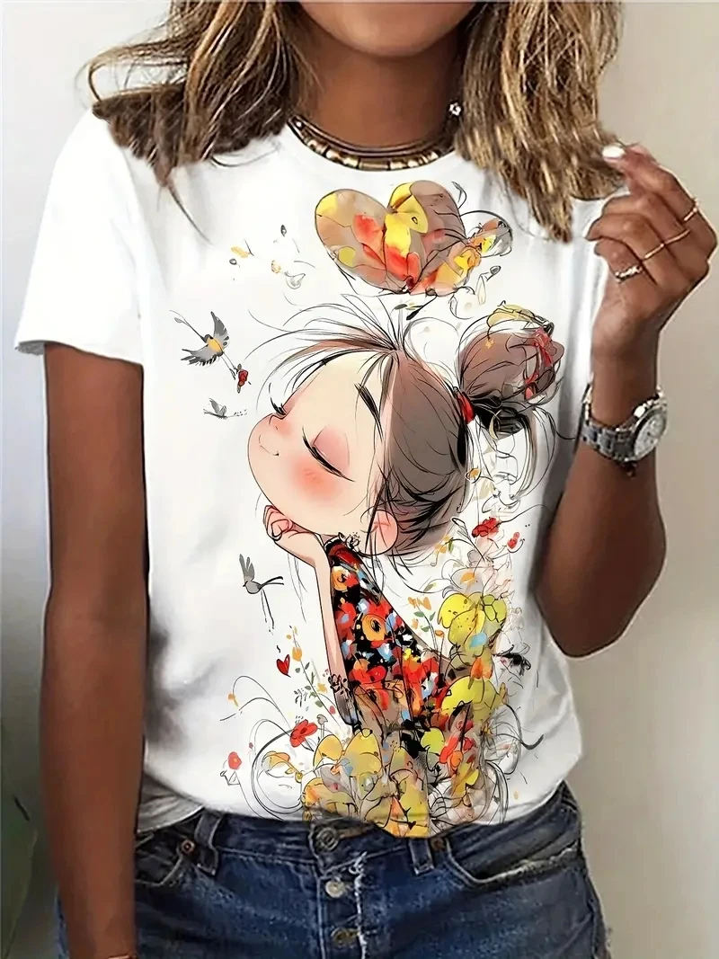 

2025 Cartoon Cute Girl Pattern Women's T-Shirts Casual Short Sleeve3d T-Shirt Fashion Top Tee O-Neck Female Clothing