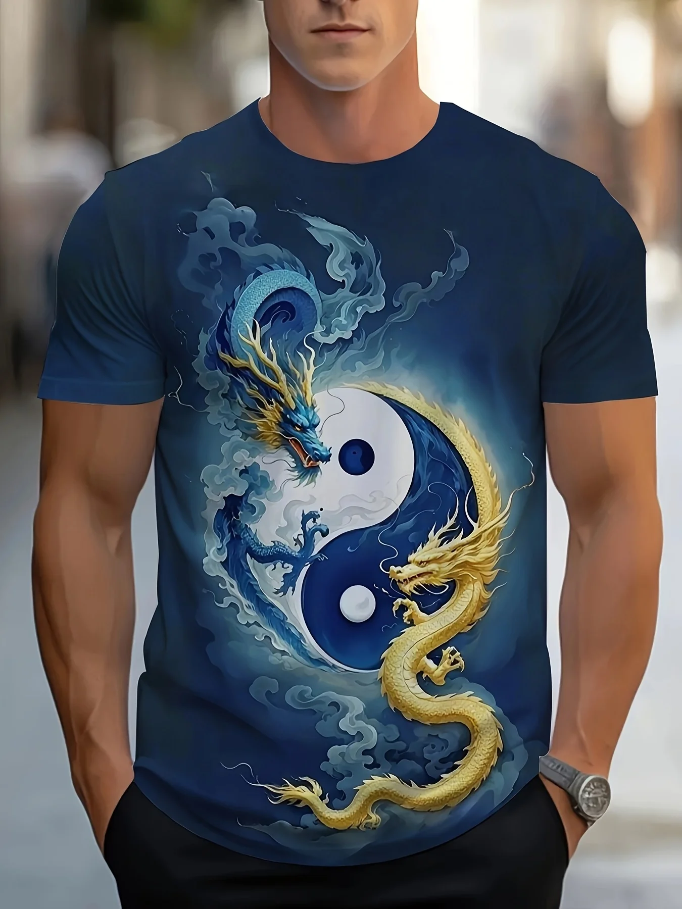 Men's Yin Yang Double Dragon Ink Print T-Shirt Chinese Traditional Cloud Graphic Crew Neck Short Sleeve Tee