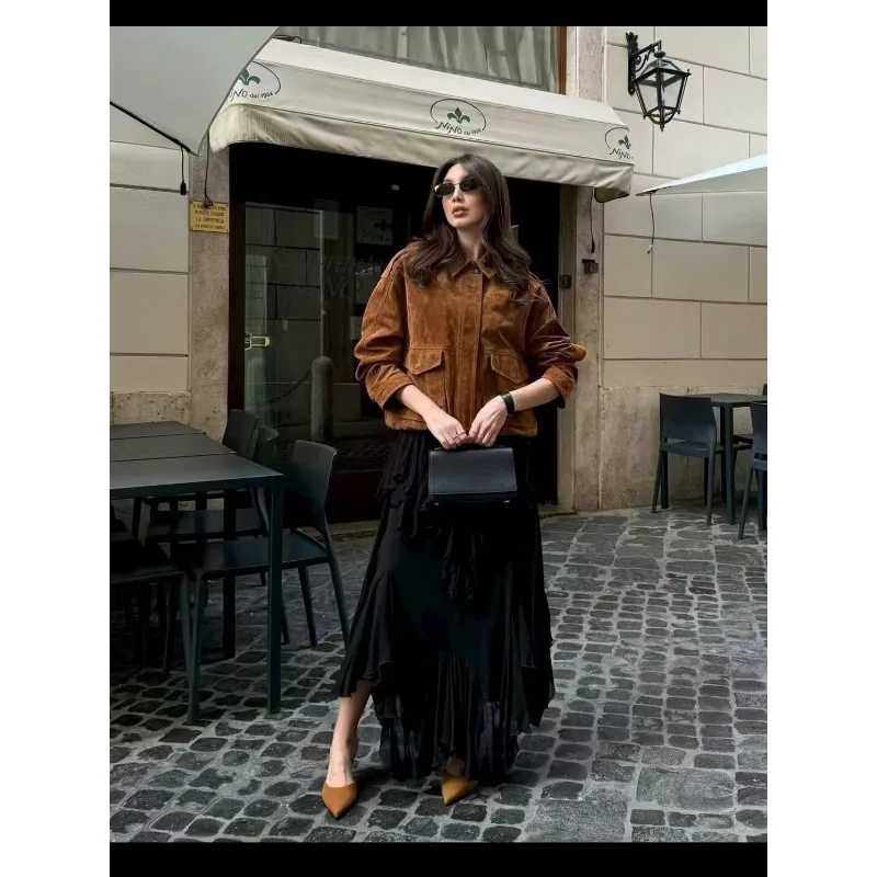 

Стильная укороченная куртка-бомбер с отложным воротником для женщин, повседневная, с длинными рукавами, на молнии, с карманами, свободного кроя, весна 2026, для повседневной носки, уличный стиль