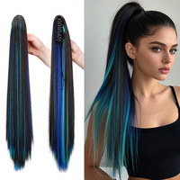 Clip-On Synthetic Straight Ponytail Extensions - Vibrant Blue/Green/Purple/Red Highlights Pre-Bleached Multicolor Hairpiece For