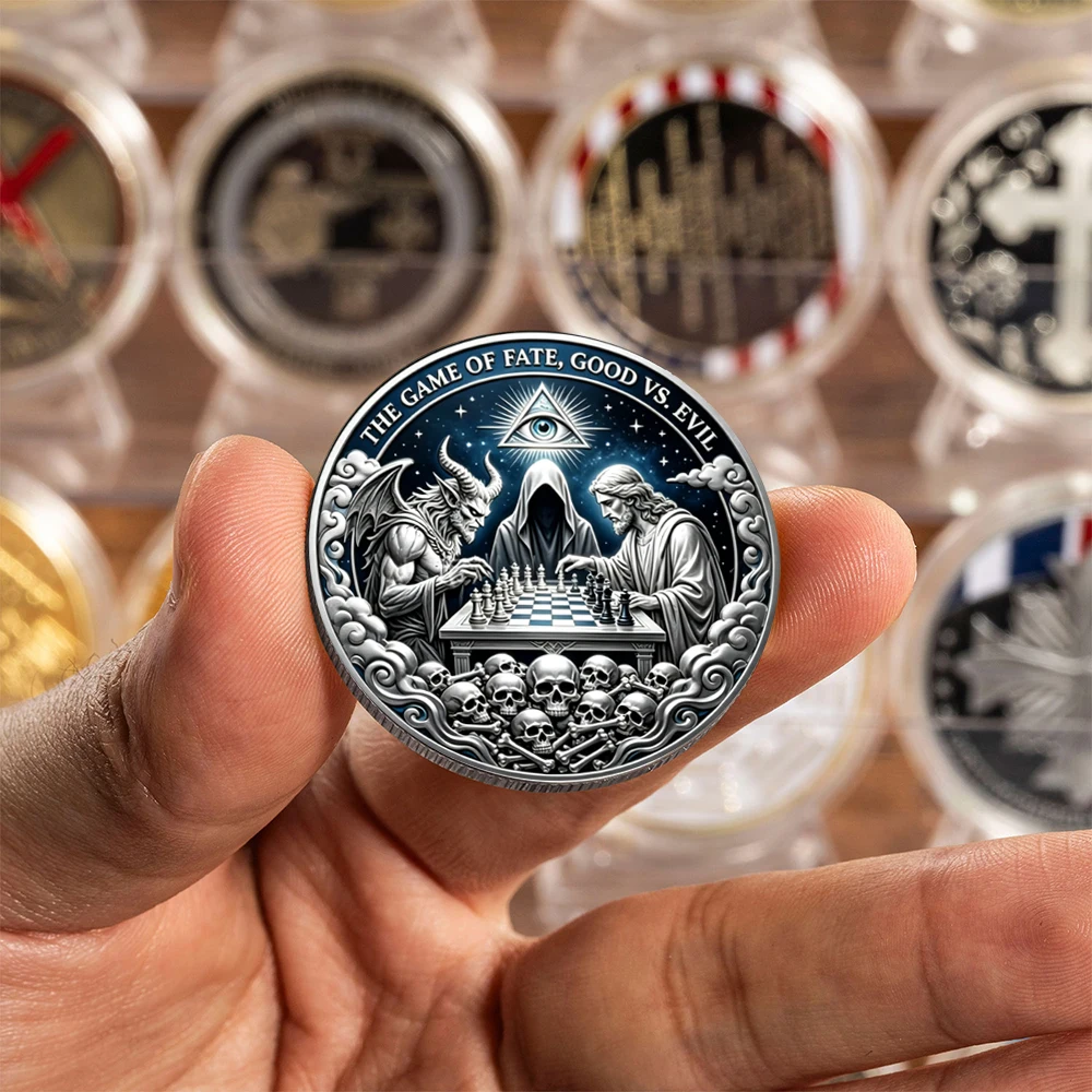 Good Vs Evil Game of Fate Silvery Plated Souvenir Coin All Seeing Eye Skull Chess Divine Gothic Satan Jesus Collectible Coin view 5