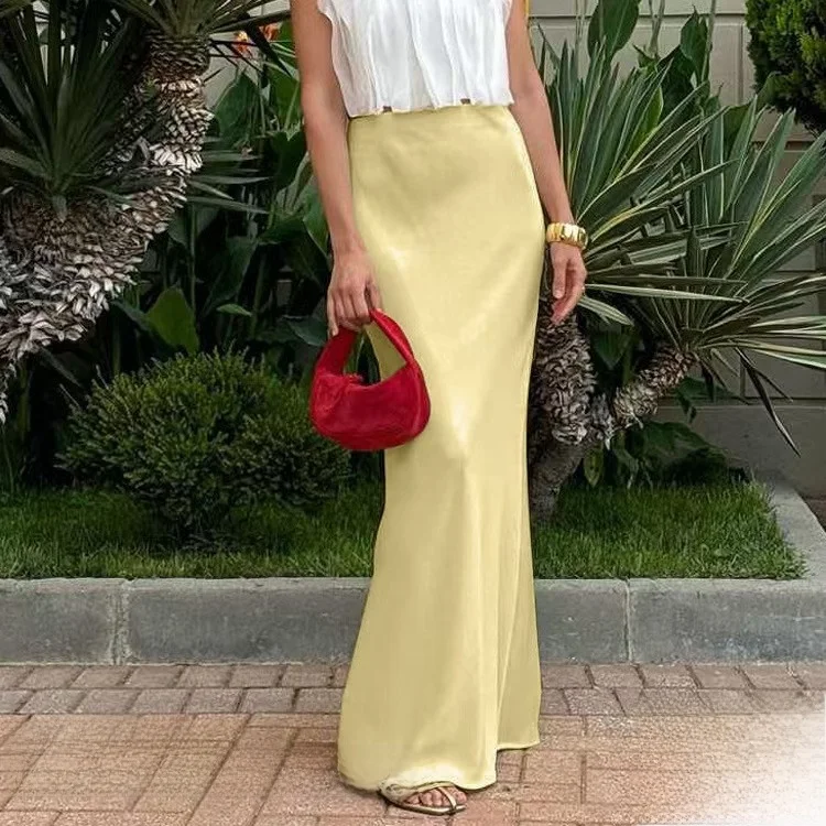 

Fashionable High Waist Slimming Satin Half Body Skirt Sexy Wrap around Design Commute Style Long Pure Color Skirt