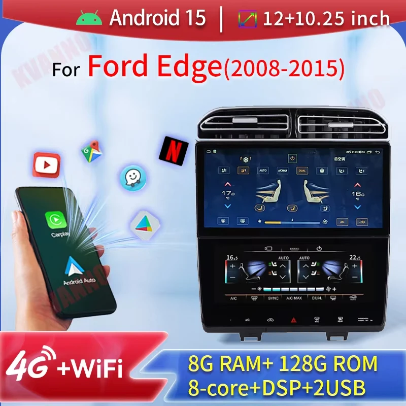 12+10.25“ Carplay Android Auto Wireless For Ford Edge 2008-2015 Car Radio QLED Upper and Lower Screen LCD Air Conditioner GPS