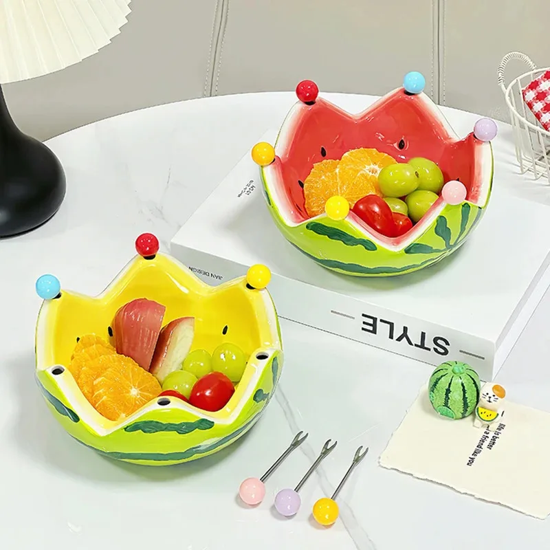 

Fruit Bowls Dessert Salad Bowl Large Capacity Cute Watermelon Shape Fruit Plate With Forks Ceramic Storage Plate Fruit Plate