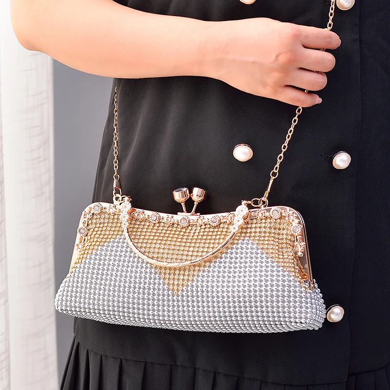 Rhinestone Evening Clutch for Women, Crystal Beaded Party Handbag, Formal Wedding Shoulder Purse with Chain
