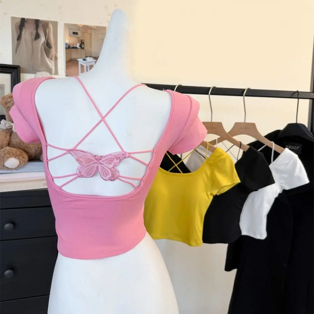 

Fashion Backness Bowknot Lace-up Top Y2K Hollow-out Slim Short Crop Top Bottoming Shirt Chic Short Sleeve T-shirts Streetwear