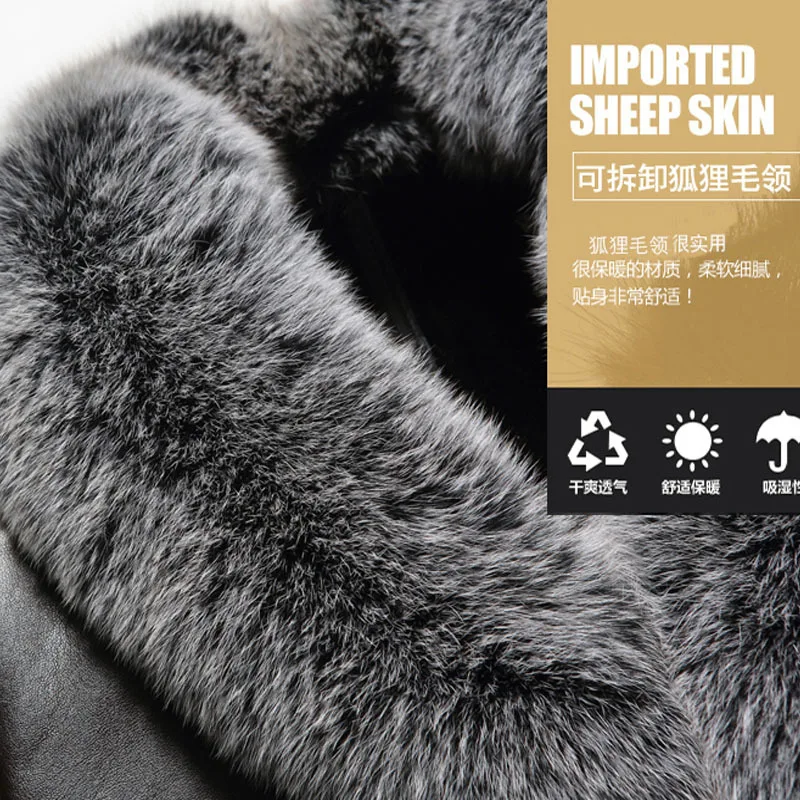 Leather and Fur Integrated Men's Fur Coat Snow Fox Fur Collar Thickened Medium Length Sheepskin Leather Jacket