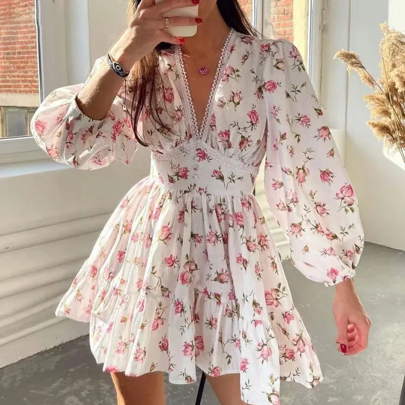 

2025 Spring Fashion Printed Lace Mini Dress Women's Sexy Deep V-neck Long-sleeved Elegant Ruffles Dresses Ladies Sundresses