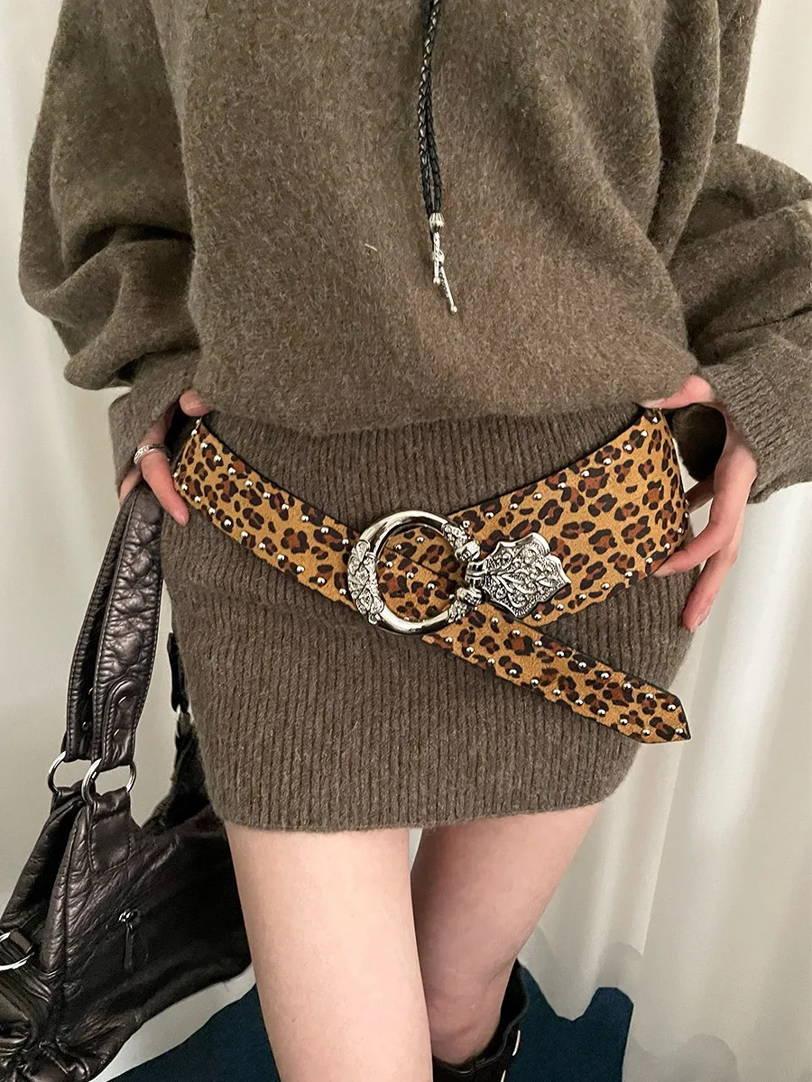 Breiter Gürtel mit Leopardenmuster für Damen, personalisierter Taillengürtel im Retro-Stil für einen sexy Look, amerikanischer Y2K-Ledergürtel zum Cinch-The