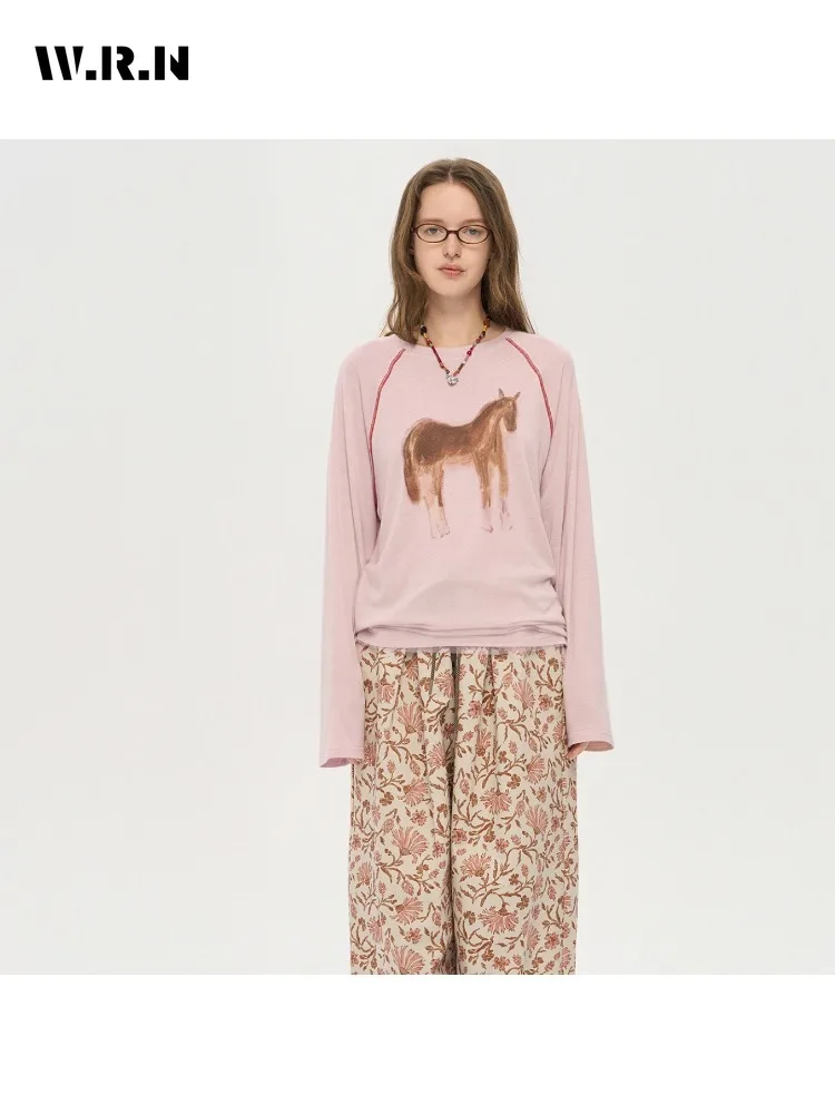 

2025 Winter Casual Elegant Round Neck Horse Printting Long Sleeve T-Shirts Women's Chic Fashion Style Tees Loose Fit Pink Tops