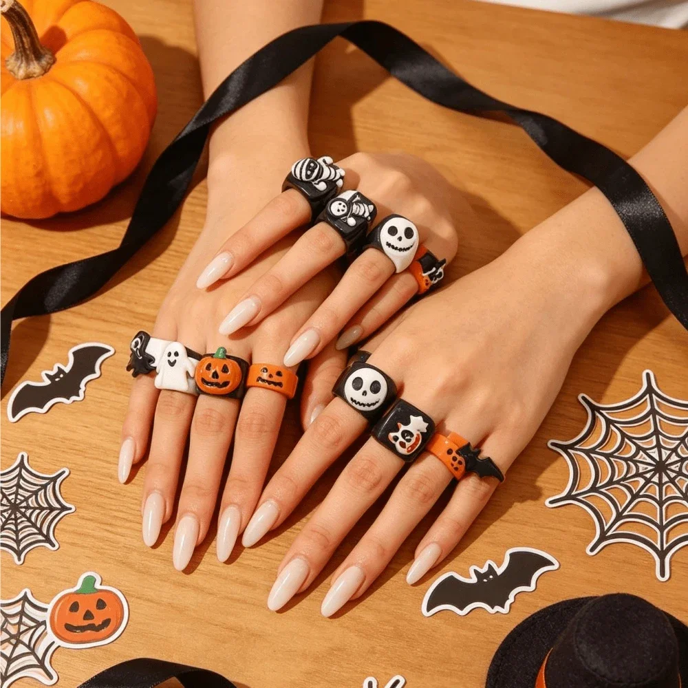Cute Halloween Rings for Girls Kids, Cartoon Pumpkin Ghost Mummy Resin Finger Rings, Party Costume Jewelry Gift