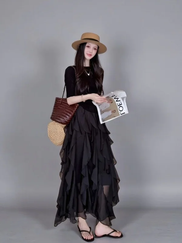 

Elegant Summer 2026 Black Short Sleeve T-Shirt And Lace Skirt Set Beautiful Fairy Girl Style High Waist Cake Skirt Fashionabl...