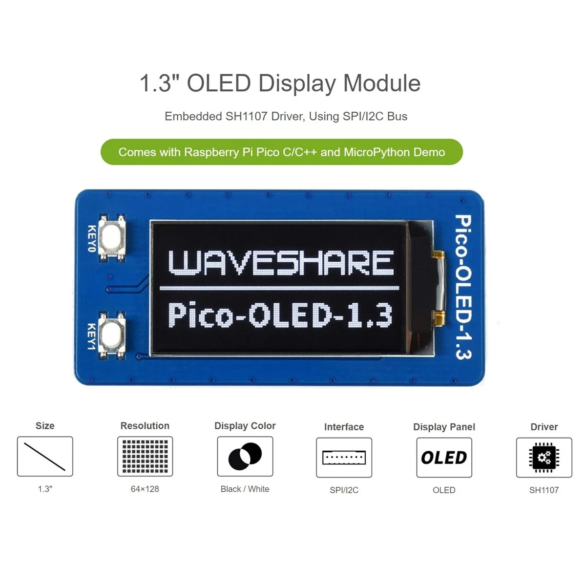 Waveshare แผงควบคุมไมโครคอนโทรลเลอร์64X128พิกเซลสำหรับ Raspberry Pi Pico, ไดร์เวอร์ SH1107แบบฝัง