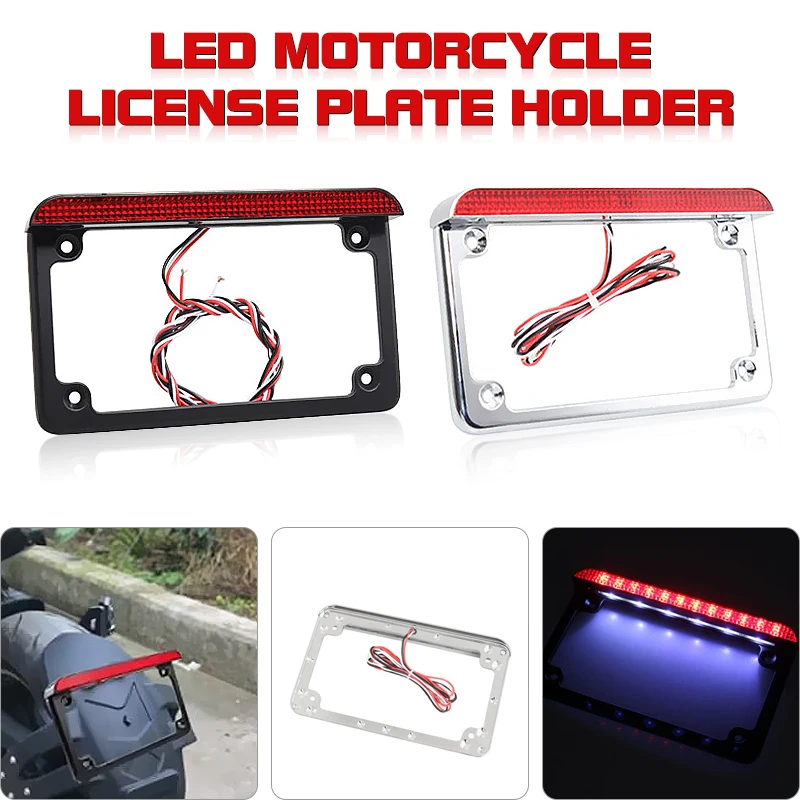 

6" LED Aluminum Registration Plate Holder Frame Bracket & LED Tail Brake Light License Plate Lamp Universal Motorcycle Scooter