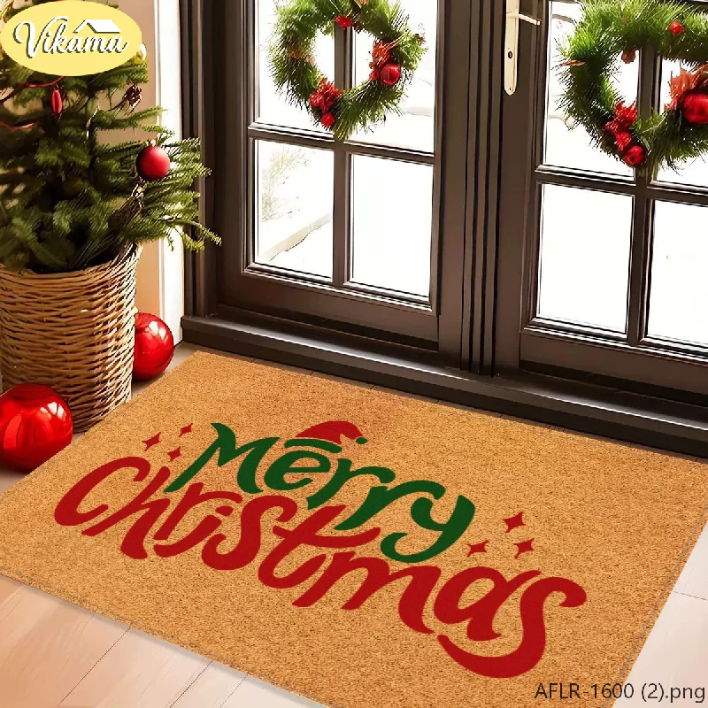 VIKAMA Christmas Doormat Stacked Gift Box Holly Bell, Brown Welcome Mat Front Door, Non Slip Durable Outdoor Rug, Xmas Decor