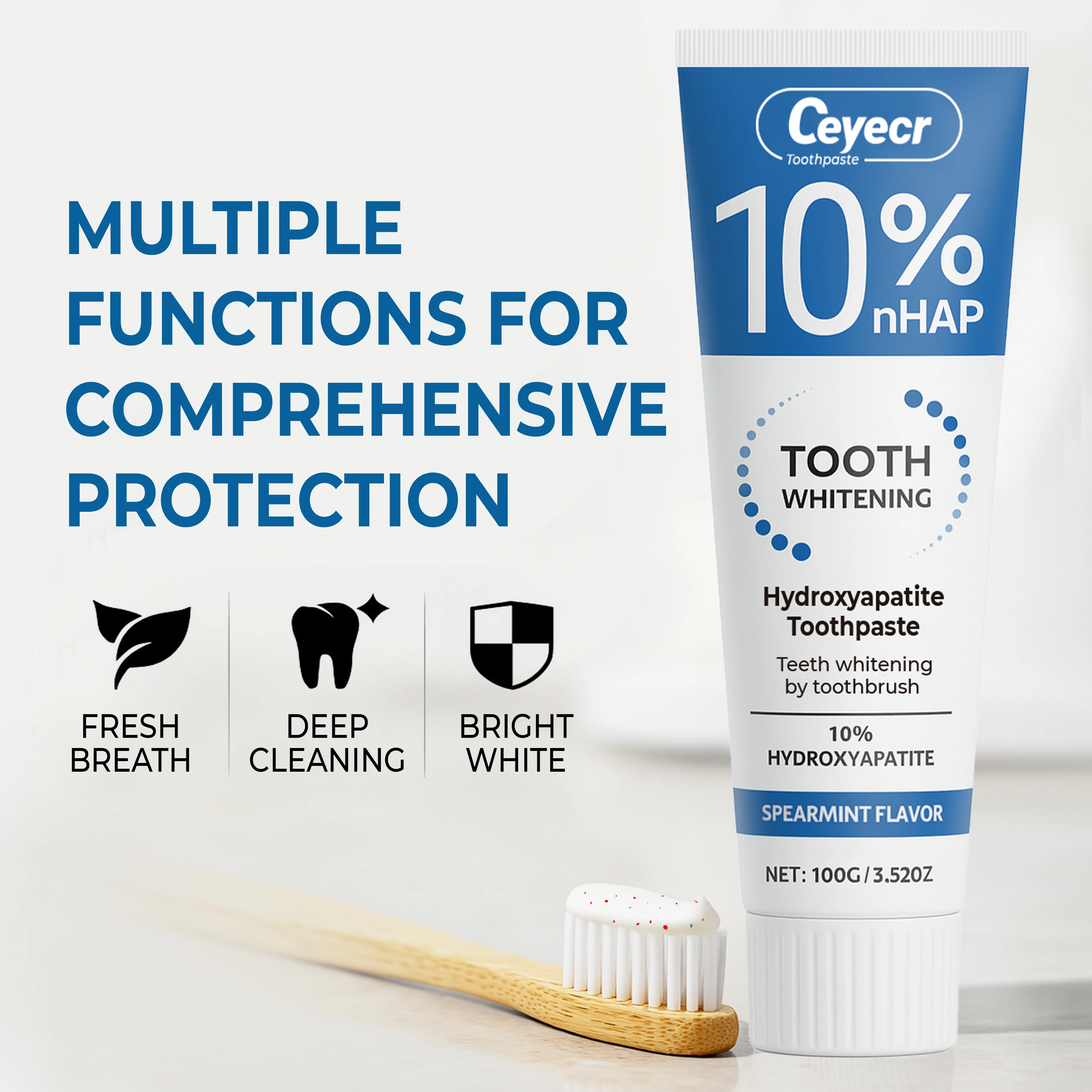 Dentifrice Hydroxyapatite 10%, blanchiment des dents 10%, pâte de nettoyage en profondeur d'huile essentielle de menthe, haleine fraîche