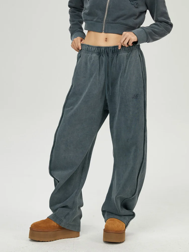 

Oneup Grey Washed Women's Straight Leg Casual Loose Sports Pants Autumn Fashion Brand Heavyweight Comfortable Cotton Trousers