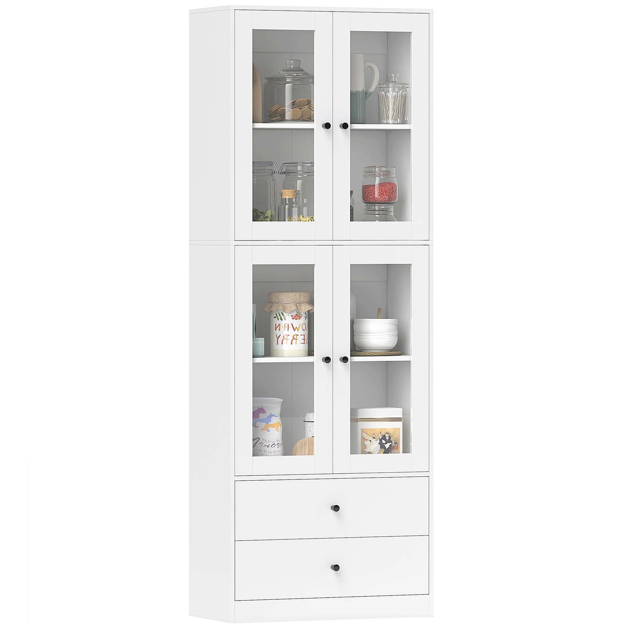 HOMCOM Alacena de Cocina Alta con 4 Puertas de Vidrio 2 Cajones Estantes Ajustables 59x30x170 cm Blanco