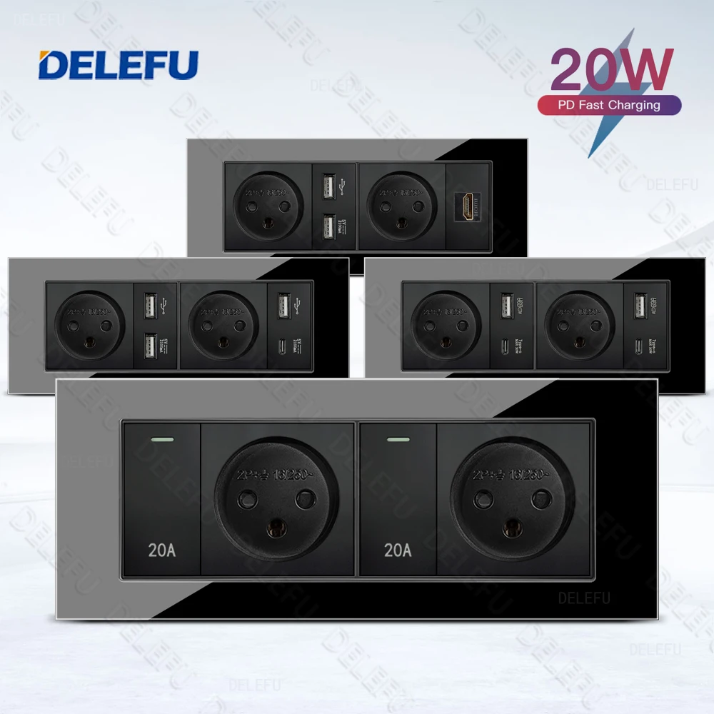 DELEFU Glass SC70 Panel 195mm Black Israeli Standard USB C-type Fast Charging Wall Socket Switch TV Phone CAT5 CAT6