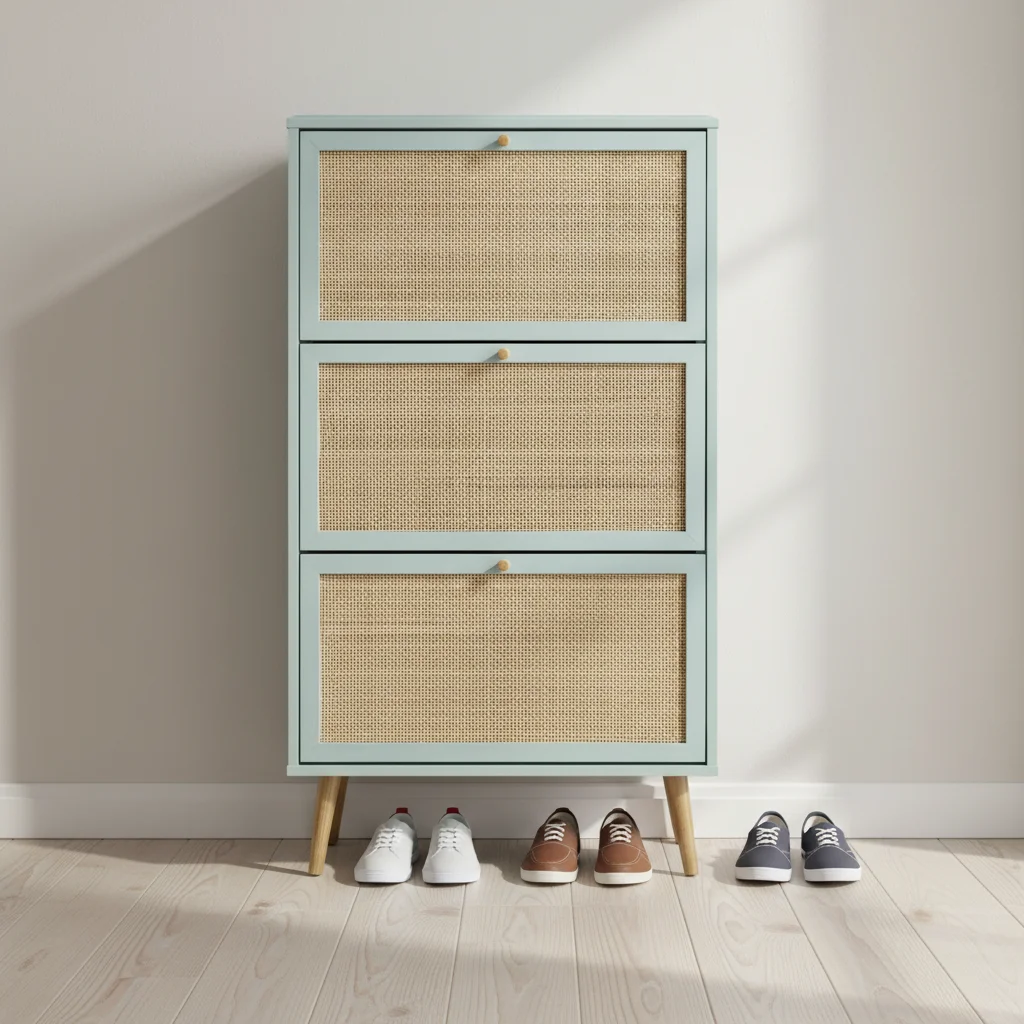 xx-Wholesale Furniture Shoe Display Save Storage White Rattan Shoe Shelf Space Wooden Shoe Cabinet Racks for Living Room*