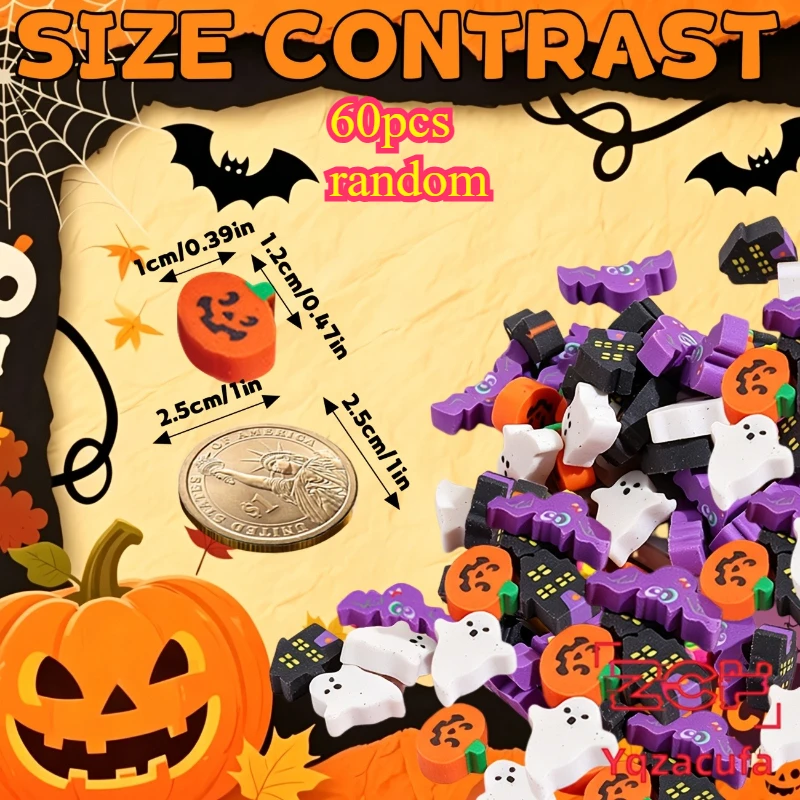 60pcs random Halloween-themed Mini Erasers, Styles Random, Halloween Gift, School Classroom Rewards, Back-to-school Season Gift