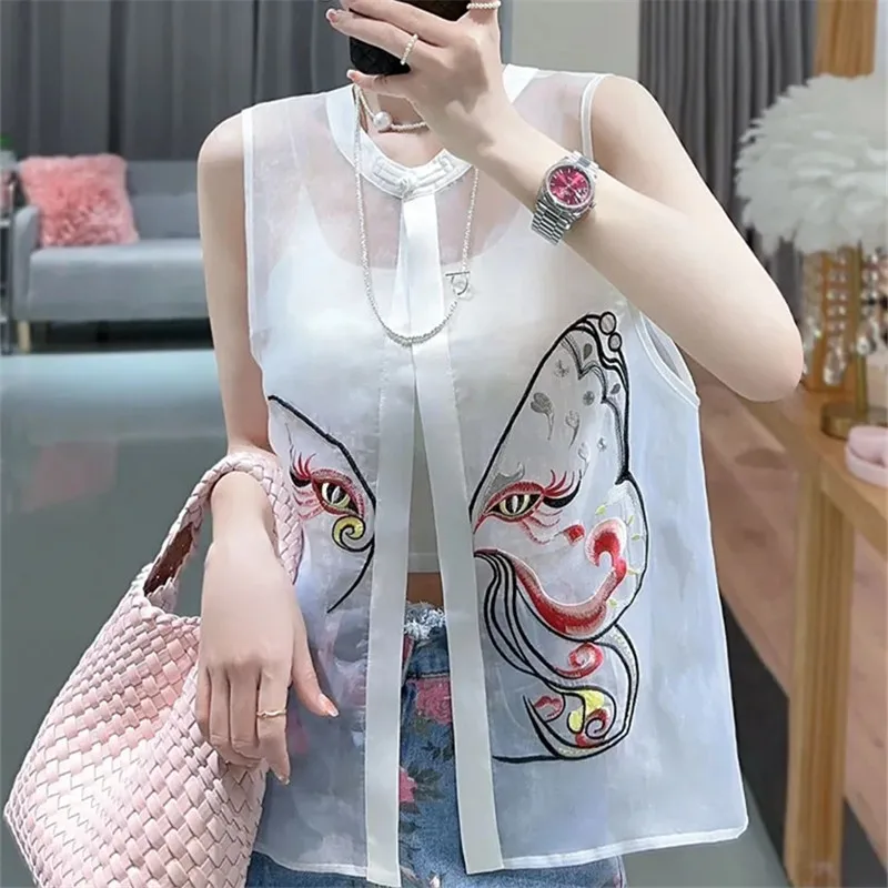 Chinese Vest Women Fashion Embroidered Waistcoat Round Neck Disc Buckle Thin Perspective Sunscreen Sleeveless Chaleco Mujer